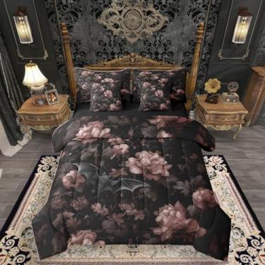 Imagem de Erosebridal Jogo de cama gótico em uma bolsa solteiro para casa, decoração gótica de Halloween com lençóis para crianças, adolescentes e homens, morcego gótico preto floral, 7 peças, conjunto de cama