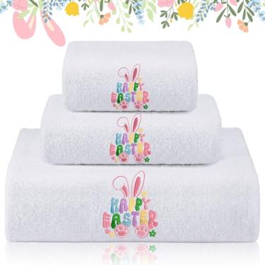 Imagem de Gilprop Conjunto de 3 toalhas de banho de algodão bordadas de Páscoa, incluindo 1 toalha de banho, 1 toalha de mão e 1 pano de lavagem, conjunto de toalhas bordadas de coelho para presente para