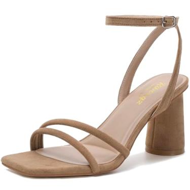 Imagem de RIBONGZ Sandálias femininas de camurça marrom salto bloco salto quadrado aberto salto grosso noiva formatura sapatos para vestido de festa de casamento, Camurça caramelo caramelo, 40