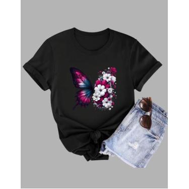 Imagem de Camiseta Tshirt Feminina Borboleta E Flores Color Em Algodão - MB Spor