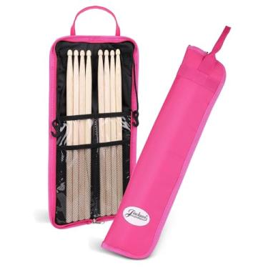 Imagem de Flexzion Bolsa de bengala de bateria de percussão com gancho, porta-cartão, alça de ombro ajustável, 4 pares de baquetas de bateria infantil, tecido resistente à água, rosa choque