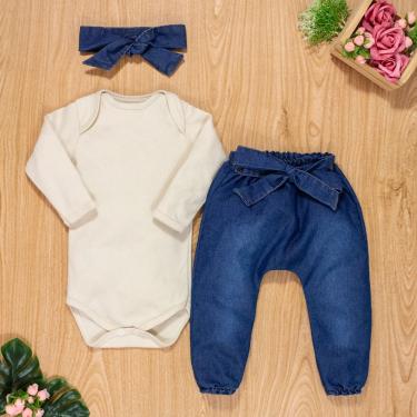 Imagem de Conjunto Para Bebê Body Longo E Calça Jeans Com Faixinha Creme