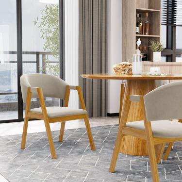 Imagem de Kit Com 2 Cadeiras Leticia Madeira Maciça Estofada Para Mesa De Jantar Veludo Bege 102