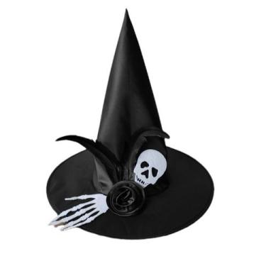 Imagem de Chapéu de bruxa de Halloween em tecido Oxford preto com caveira e mão 