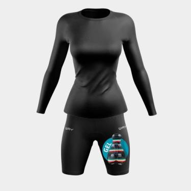 Imagem de Conjunto Ciclismo Feminino Kit Camisa UV Preto + Bermuda Forro em Gel 