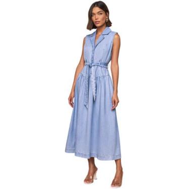 Imagem de Vestido longo jeans lado avesso azul claro, P, Azul claro