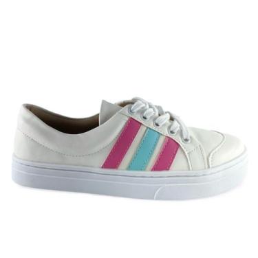 Imagem de Sapatenis Branco com Detalhe Três Tiras Rosa e Azul BB - ULLY, 37, Bra