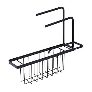 Imagem de Suporte de esponja telescópico para pia de cozinha, organizador de secagem de sabão com barra de toalha para cozinha, preto