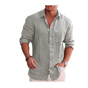 Imagem de Bestgift Camisa masculina casual algodão linho lapela cor sólida, Cinza, XXG