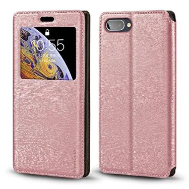 Imagem de Shantime Capa para BlackBerry Key 2 LE, capa de couro de grão de madeira com porta-cartão e janela, capa flip magnética para BlackBerry Athena (11,4 cm) ouro rosa