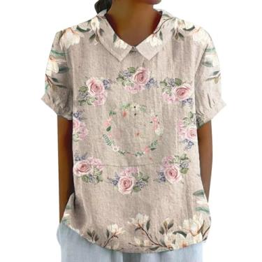 Imagem de Camiseta feminina com estampa floral, manga curta, gola de boneca, caimento solto, casual, moderna, túnica, Bege, 5G