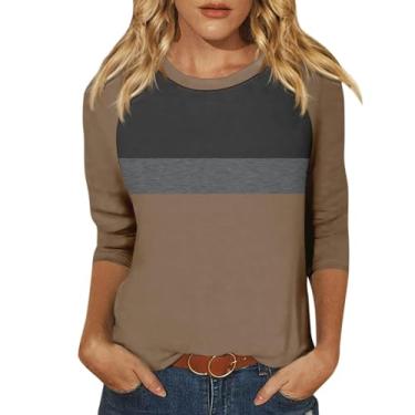 Imagem de Camiseta Color Block para mulheres, gola redonda, manga 3/4, caimento solto, casual, camiseta de treino de verão, Caqui, P