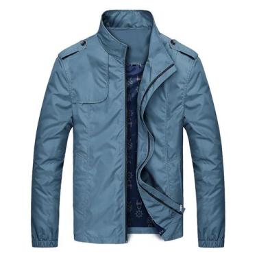 Imagem de Jaqueta cargo masculina slim fit cor sólida gola alta casaco zíper fino combina com tudo corta-vento, Azul, 3G