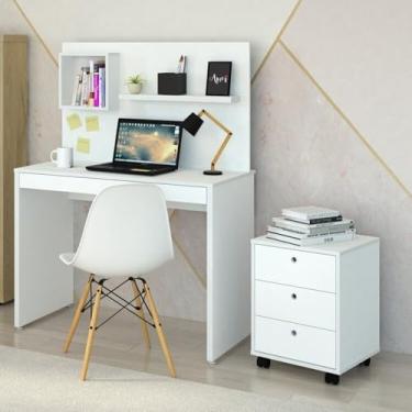 Imagem de Kit 2 Peças com Escrivaninha Moderna com Painel e Nicho e Gaveteiro Organizador com 3 Gavetas Branco