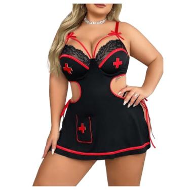 Imagem de WDIRARA Conjunto de lingerie feminina plus size 3 peças Babydoll de enfermeira, fantasia de dramatização, laço lateral, renda recortada, camisola preta, 3GG Plus