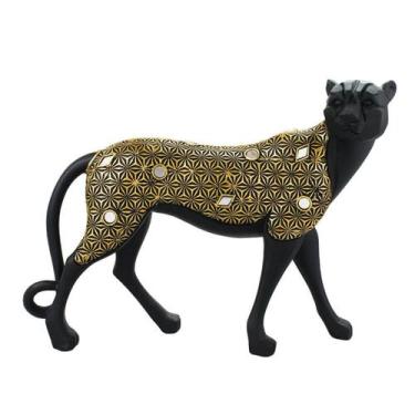 Imagem de Guepardo Preto Detalhes Dourado 34cm - Enfeite Decorativo Resina - Tai
