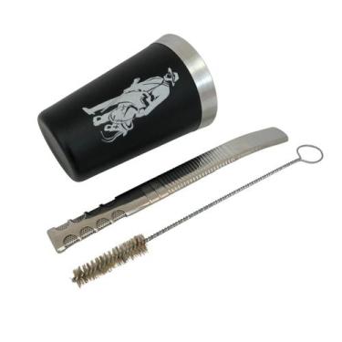 Imagem de Kit tereré cuia copo redondo 200ml alumínio parede dupla preto + bomba