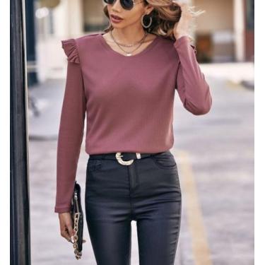 Imagem de Blusa feminina canelada manga longa ombreira babado tendencia - Filó M