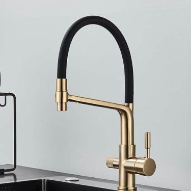 Imagem de Torneira de pia de cozinha dourada escovada, misturador de filtro de água pura, guindaste com alça dupla, purificação de água quente e fria, torneira dourada escovada