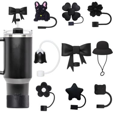 Imagem de SCRMROIA Conjunto de 10 pacotes de topos de palha misturados em 3D e copa com laço, compatível com Stanley Cup 30 e 1,134 g, acessórios de silicone macio, capas para canudo de 10 mm, à prova de poeira