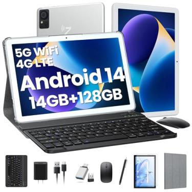 Imagem de DOMATON Tablet com teclado, tablets Android 2025 14 GB + 128 GB + 1 TB expansão, tablet 10,1 polegadas Octa-Core 2 em 1 com tela embutida, WiFi 5G e 4G LTE, 7000 mAh, desbloqueio facial, mouse, capa