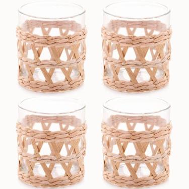 Imagem de Conjunto 4 Copos de Vidro Wolff Baixos com Sisal 320ml Fibra Natural Mesa Posta Rústica