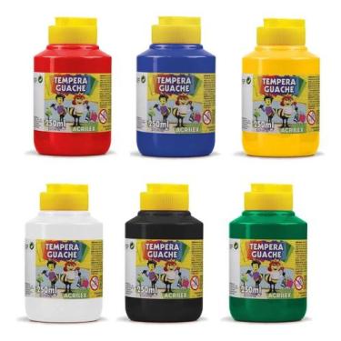 Imagem de Kit 6 Guache 250ml Vermelho AZUL Amarelo BRANCO Preto VERDE - Acrilex