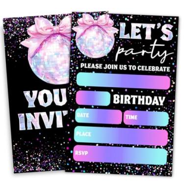 Imagem de Doguiei Convites de festa de aniversário Neon Disco, cartão de convites de festa de dança para meninos e meninas (30 cartões e 30 envelopes)