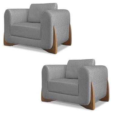 Imagem de Poltrona Para Sala Base De Madeira Kit 2 Izzy S06 Linho Cinza - Mpozenato