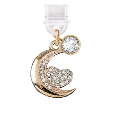 Imagem de ELISE & FONDA TP578 Tipo-C porta de carregamento plugue antipoeira lua pequena com pingente de telefone celular coração amor para iPhone 15/16/Samsung/OnePlus/Xiaomi/oppo telefones Android (dourado