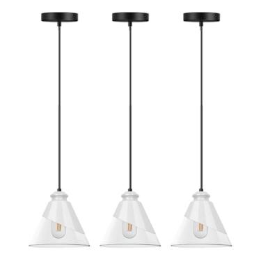Imagem de URSOLA Luminária Pendente Moderna De Vidro Transparente Branco, Pequena Nórdica Ilha, Ajustável Para Cozinha E Sala Jantar, Cúpula 18 Cm, Cabo 5-140 Lâmpada E26 (3 Lâmpadas)