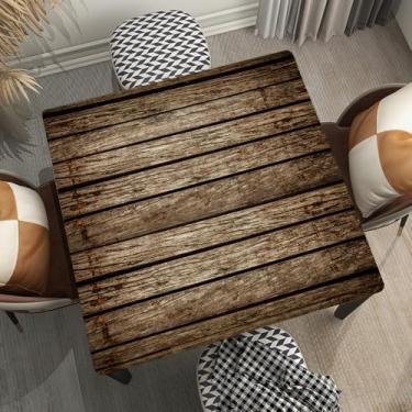 Imagem de XUEBUXI Toalha de mesa quadrada de poliéster, textura de madeira rústica envelhecida, capa de borda elástica para ilha de cozinha, pátio, mesas de cartão e uso de festa, adequada para mesa quadrada de