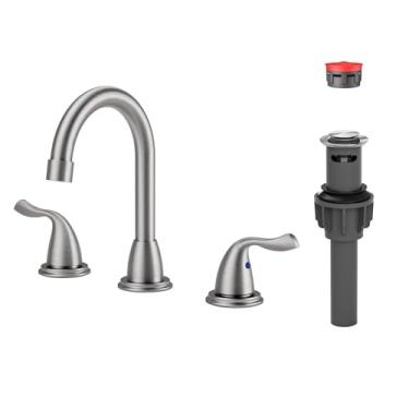 Imagem de Torneira de pia de banheiro níquel escovado de 3 furos, torneira de banheiro ARCORA 20 cm, torneira de banheiro com 2 alças com ralo pop-up e linhas de suprimento cUPC