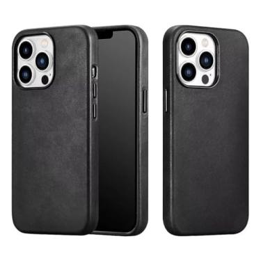 Imagem de Capinha De Couro Legítimo preta, Compatível Indução carregamento sem fio, Para iPhone 16 Pro