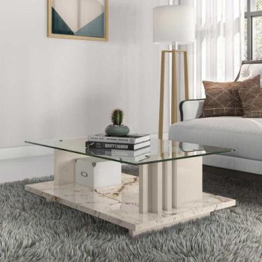 Imagem de Mesa de Centro Decorativa Tampo em Vidro Gusmao MDP Calacata/OffWhite 