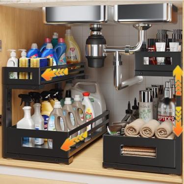 Imagem de Pacote com 2 organizadores e armazenamento embaixo da pia de 43 cm, organizador de armário em forma de L com trilhos deslizantes atualizados, gavetas ajustáveis de altura para cozinha e banheiro