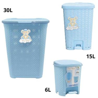 Imagem de Kit Cesto De Roupas 30L + Lixeiras Smart 15L e 6L Azul Bebê - Monte Li
