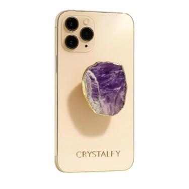 Imagem de CRYSTALFY Suporte Para Celular Com Cristal E Expansível Borda Dourada Ametista Grips By Amethyst - Acessório Superior Trocável Pedra Preciosa Natural Iphone, Ipad, Kindle Dispositivos Móveis