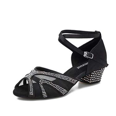 Imagem de Tênis de dança TTdancewear com strass para salão feminino Latin Salsa Bachata Performance Sapatos de dança Sola de camurça, Black-1.5inch Heels, 8.5