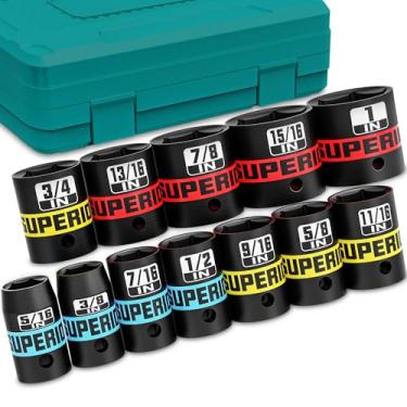 Imagem de Aiourx Conjunto de soquetes de impacto de 12 peças, 3/20.3 cm, soquete raso de 5/40.6 cm a 2.5 cm, SAE, 6 pontos, CR-V, manutenção de motocicletas e bicicletas automotivas, fabricação de máquinas