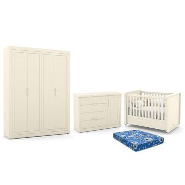 Imagem de Dormitório Tutto New 4 Portas, Cômoda 1 Porta, Berço Off White Com Colchão - Matic Móveis Off White