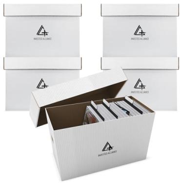 Imagem de Caixa de armazenamento de quadrinhos curta premium (pacote com 5 - branca). Caixa/armário de quadrinhos de papelão grosso. Caixote de quadrinhos para 150-175 colecionáveis. Estojo/armário de