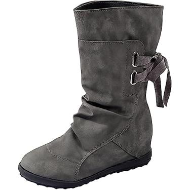 Imagem de Bota feminina de cano médio com cadarço e cano médio, bico redondo, moda retrô, couro PU, bota clássica de puxar, Cinza, 35 BR