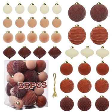 Imagem de Enfeites de bola de veludo, bolas de Natal mistas - marrom 35 peças, enfeites de bola de árvore de Natal sortidos para decoração de guirlanda de festa, decoração de chá de bebê, primeiro Natal