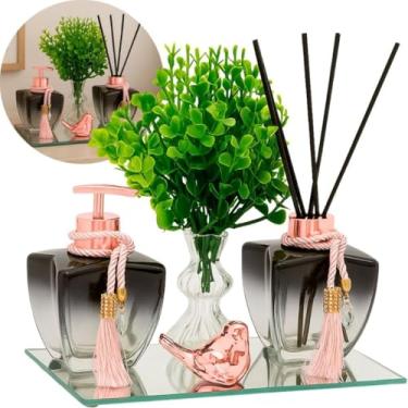 Imagem de Kit Lavabo Vidro Transparente 280ml com Bandeja Preta, Saboneteira e Difusor Luxo – Acompanha Vaso com Flor, Passarinho e Varetas Decoradas (Rose)