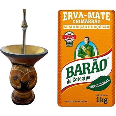 Imagem de Kit de Chimarrão Com Cuia Artesanal em Cerãmica Marrom + Bomba De Chimarrão Ferro Com Anel 25cm + Erva Mate Tradicional Barão de Cotegipe 1kg
