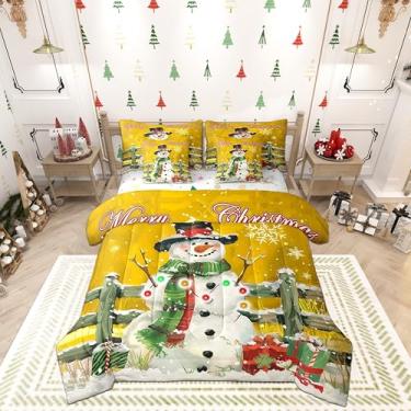 Imagem de Homewish Jogo de lençol King reversível Feliz Natal, 7 peças, desenho animado de boneco de neve, pintura a óleo, flocos de neve, amarelo, com edredom, lençol com elástico e lençol de cima