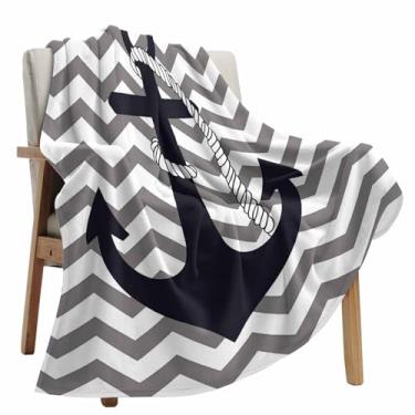 Imagem de Cobertor de lã de âncora náutica, cobertor de flanela macio e aconchegante azul escuro para sofá-cama, sofá, acampamento, ziguezague cinza, chevron para todas as estações, use cobertores leves 101,6 x