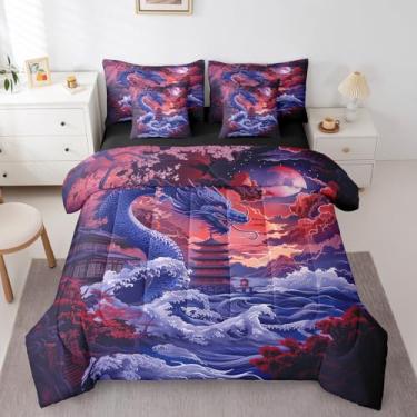Imagem de Erosebridal Conjunto de edredom Queen com dragão oriental de 7 peças, ondas do oceano japonês, para crianças, meninos e meninas, rosa com flor de cerejeira estilo Ukiyoe em uma bolsa com elástico +