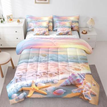 Imagem de jejeloiu Conjunto de edredom com tema de praia rosa, Queen, 7 peças, verão, mar, oceano, pôr do sol, onda, costeira, estrela-do-mar, concha, cenário natural, decoração de quarto